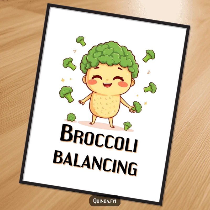 Funny Quinoa Juggling Digital Art Print: A curious quinoa character with a wide grin juggles tiny broccoli florets, perfect for immediate display.