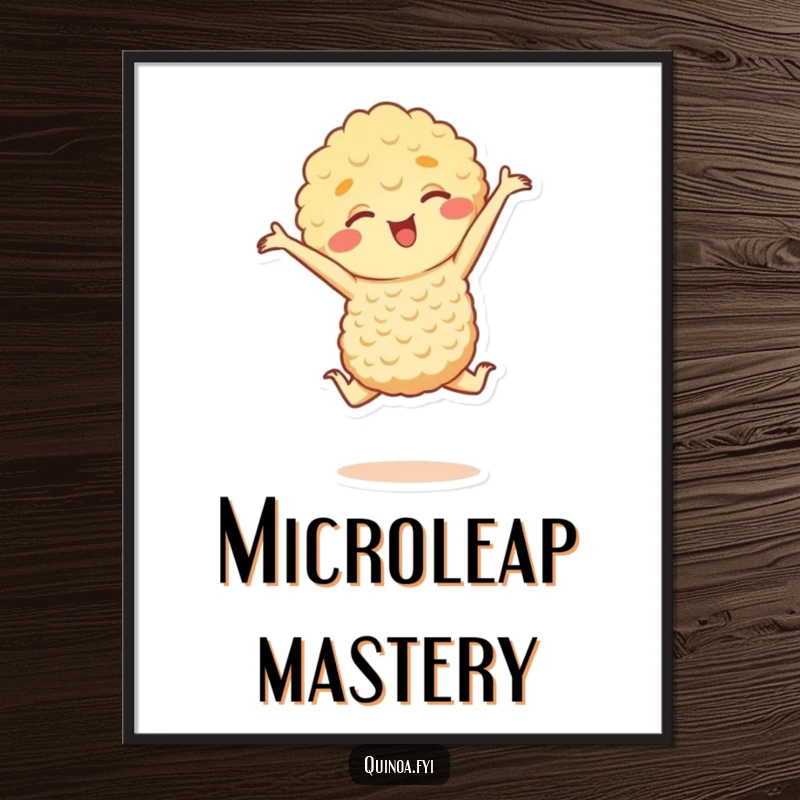 Funny digital art print of a happy quinoa character in a tiny, graceful leap, adding instant cheer and healthy humor to any wall, a great funny gift.