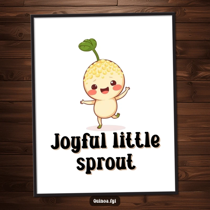 Funny digital art print of a cheerful quinoa sprout character hopping, perfect for instant download and joyful decor.