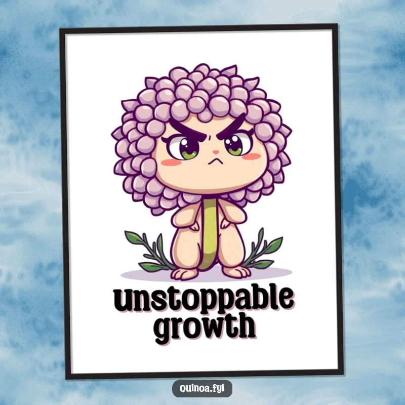 Funny digital art print of a determined quinoa sprout standing tall with a resolute expression, embodying strength and perseverance.
