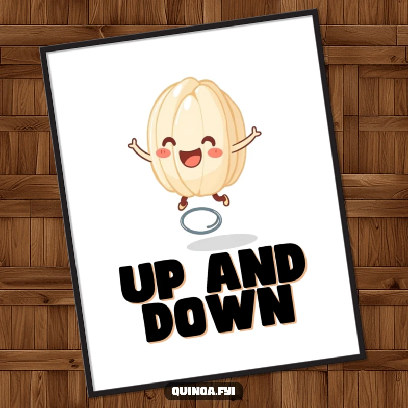 Funny digital art print of a smiling anthropomorphic grain of rice joyfully bouncing on a tiny spring, bringing vibrant energy and happiness to displays.