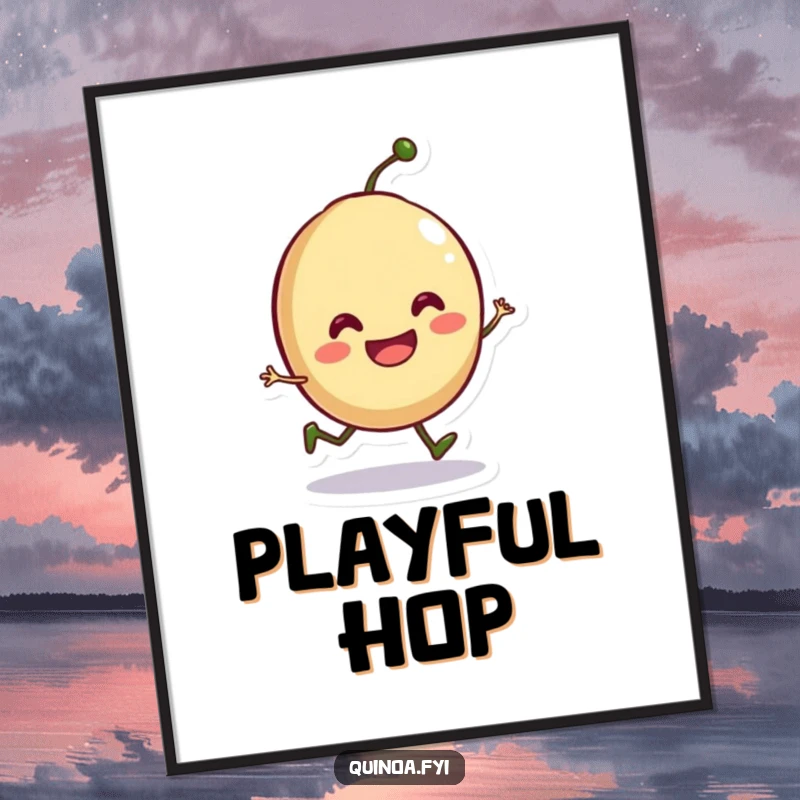 Funny digital art print of a smiling anthropomorphic seed doing a playful hop, perfect for instant humorous decoration.