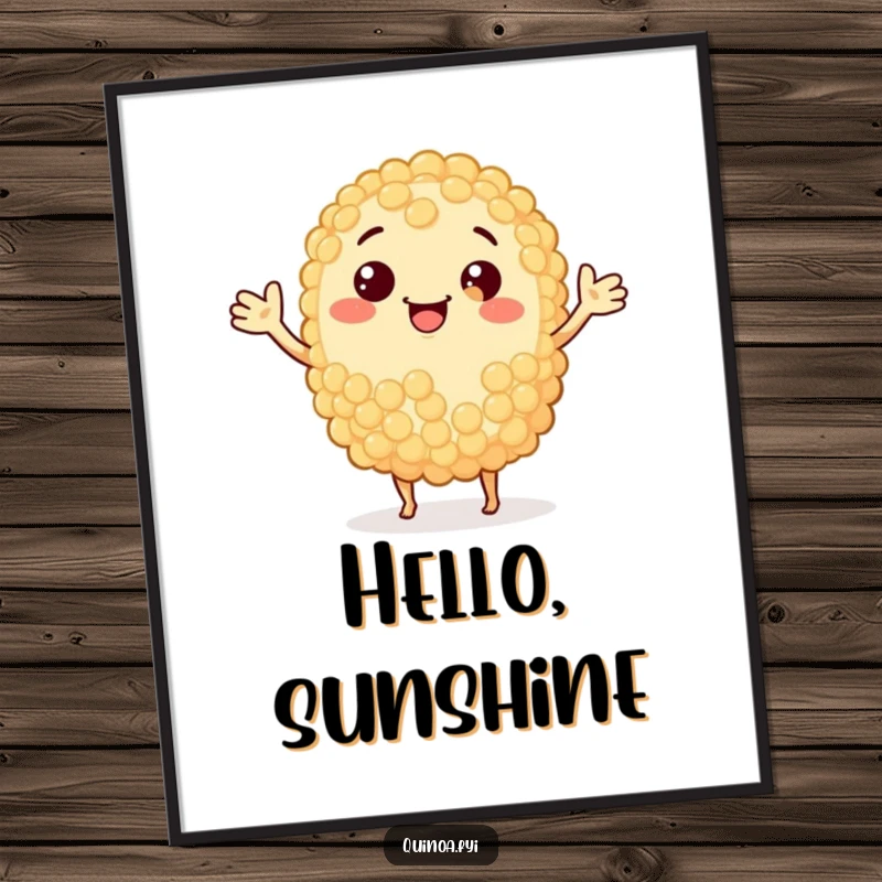 Funny smiling anthropomorphic quinoa grain with arms waving, a delightful piece of healthy art.