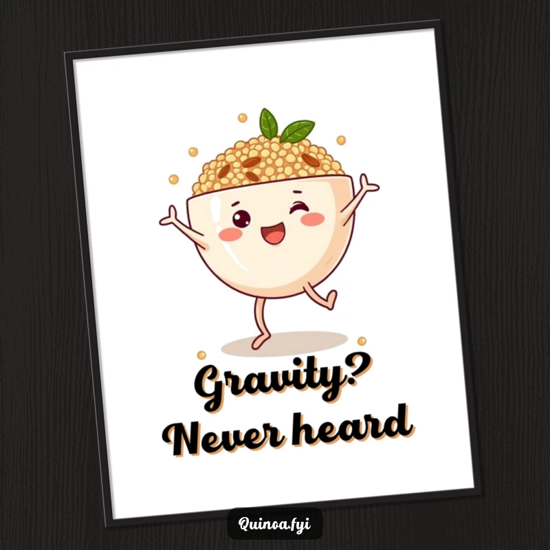 Funny digital art print of a cheerful anthropomorphic quinoa bowl with legs doing cartwheels, bringing vibrant energy and healthy humor to any digital display.