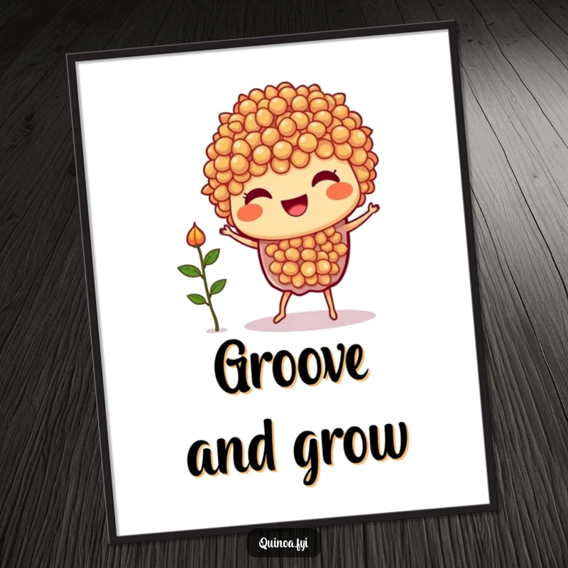 Funny Quinoa Dance Digital Art Print: A joyful quinoa character performing a silly dance with a tiny sprout, ready to brighten any screen.