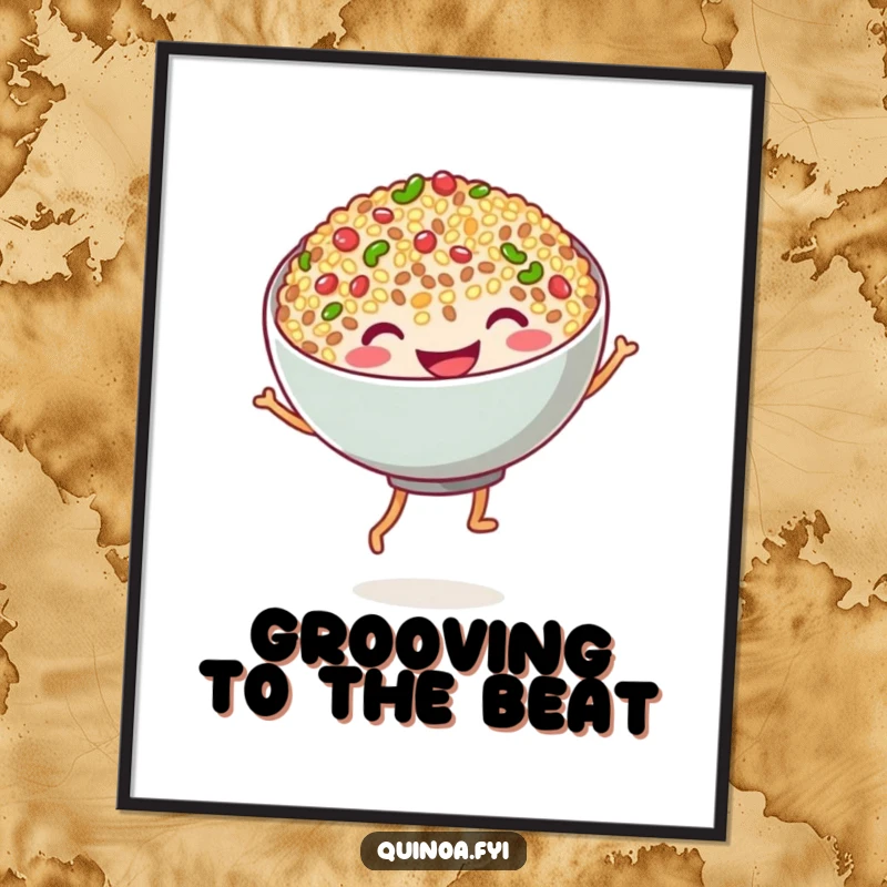 Funny quinoa dance digital print featuring a grinning bowl of quinoa with noodle legs dancing energetically, a fun and vibrant graphic.