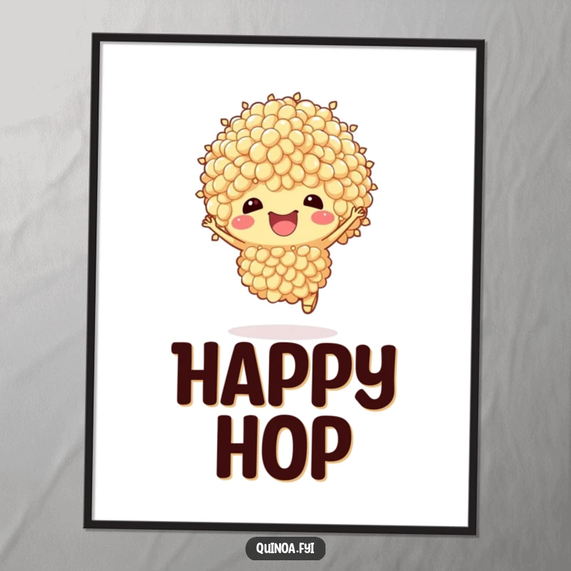 Funny Quinoa Digital Art Print: An anthropomorphic quinoa cluster hops joyfully, ready to be printed and displayed for instant cheer.