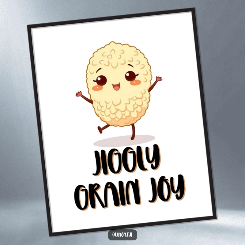 Funny digital art print of a joyful quinoa grain with legs performing a lively jig, full of vibrant motion.