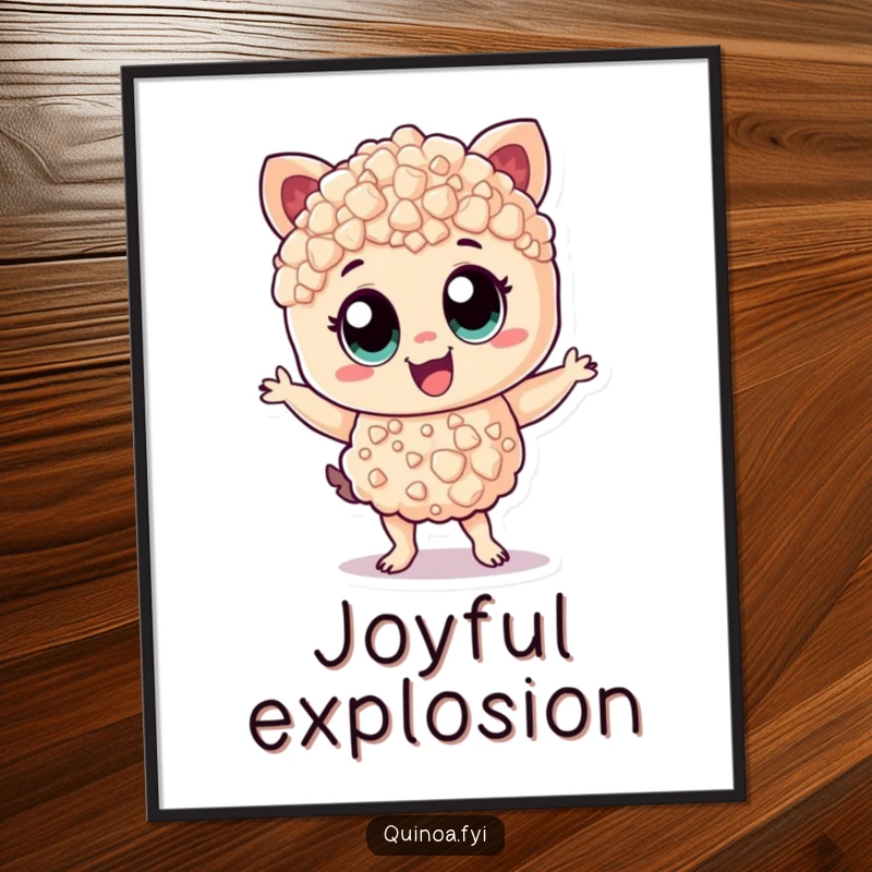 Funny Digital Art Print: Cheerful quinoa character with wide eyes, dancing with zest, a humorous and lively wall decor.