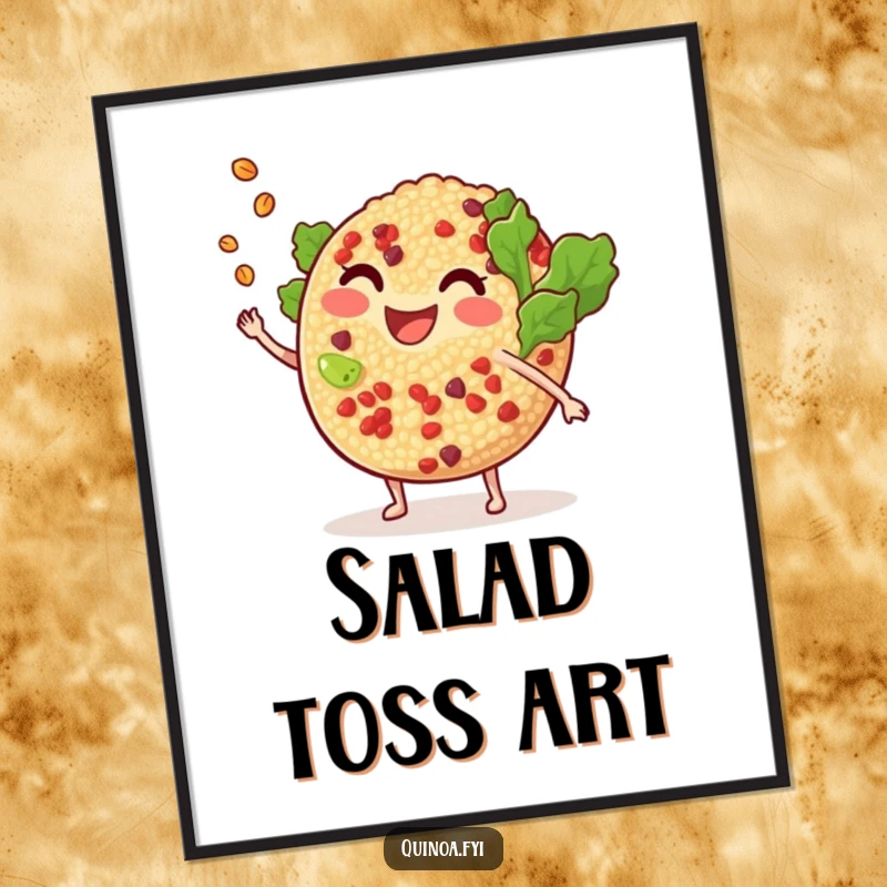 Funny smiling, anthropomorphic quinoa salad tossing a tiny grain digital art print, a cheerful and playful piece of artwork for culinary enthusiasts.