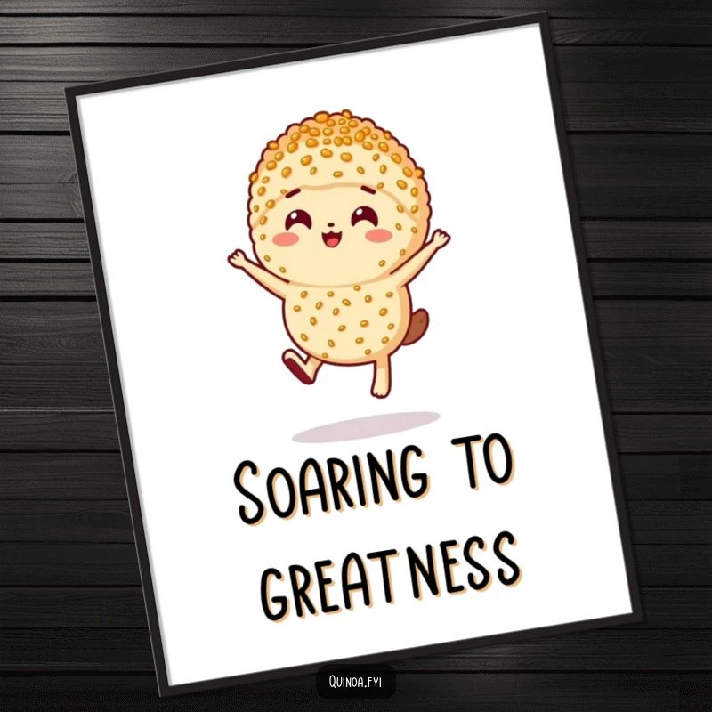 Funny anthropomorphic serving of quinoa with happy expression, leaping artistically in a print.