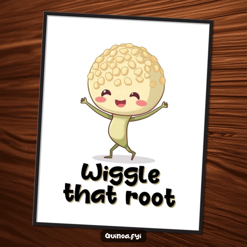 Funny Quinoa Sprout Digital Art Print of a dancing character with lively, wiggling roots, capturing energetic and joyful motion.