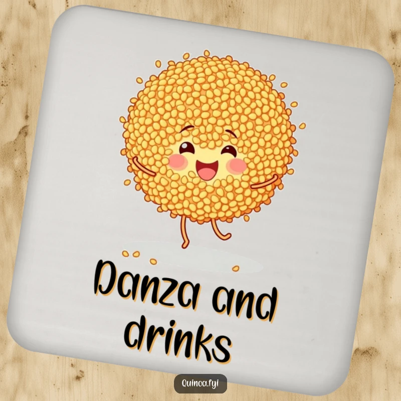 Funny drink coasters featuring cheerful quinoa grains doing a happy little dance, adding playful humor to any surface.