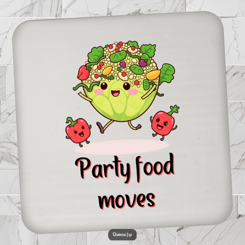 Funny drink coaster with a dancing quinoa salad and tiny, swaying vegetable characters, a vibrant accessory.