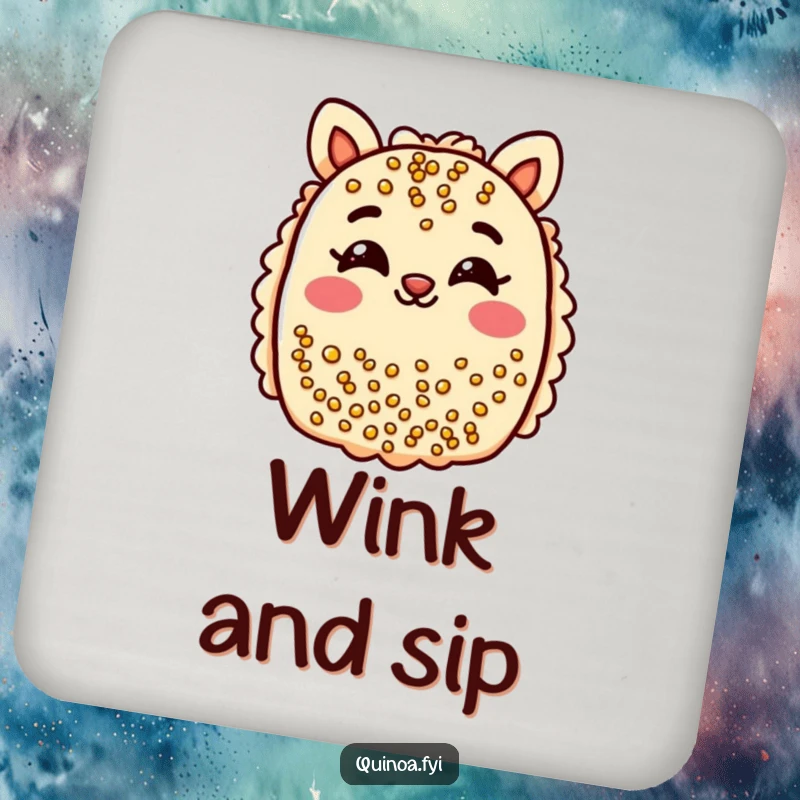 Funny quinoa bar coasters showing a cheerful bar with smiling eyes playfully winking.