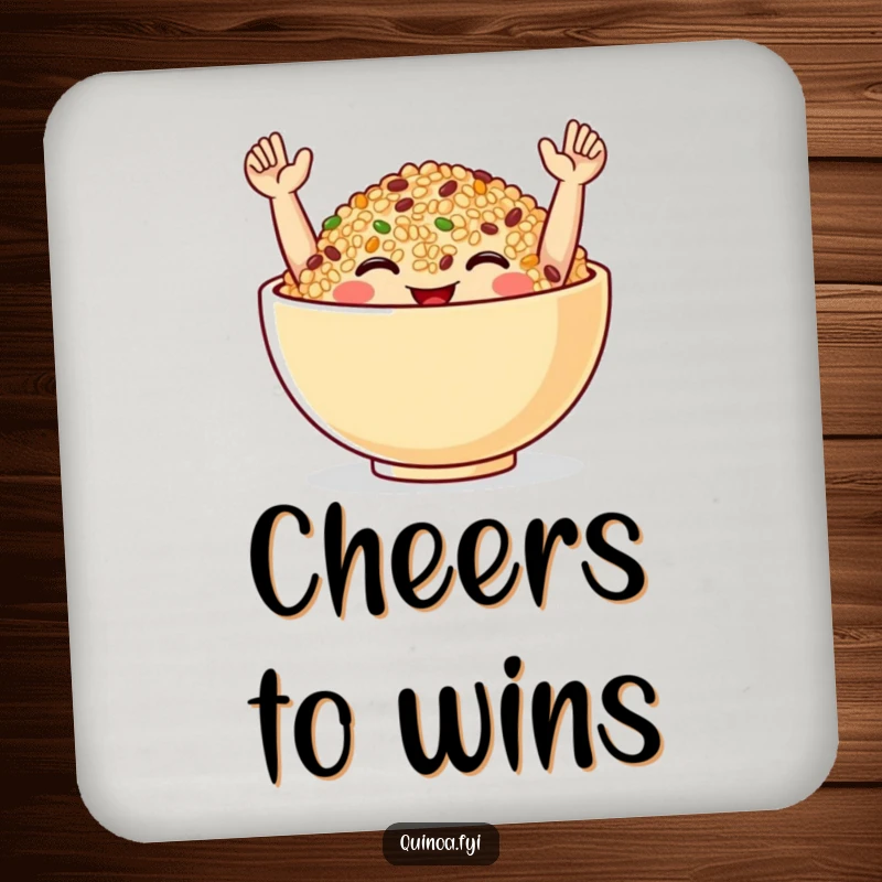 Funny Drink Coaster with a smiling quinoa bowl in a celebratory pose, adding humorous and festive flair to any table setting.