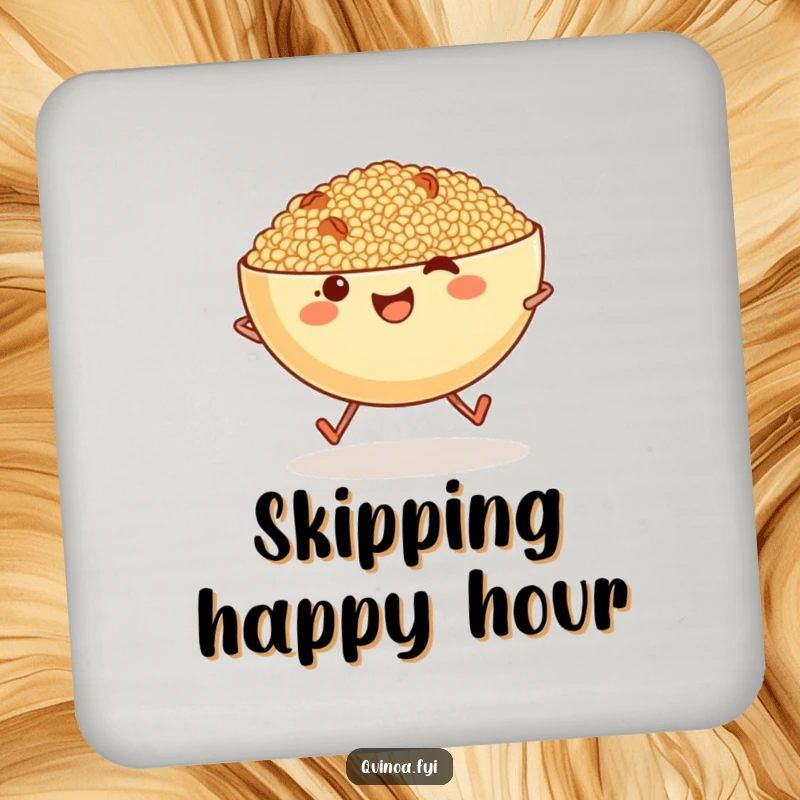 Funny anthropomorphic bowl of quinoa with tiny legs skipping, a humorous coaster for your beverages.