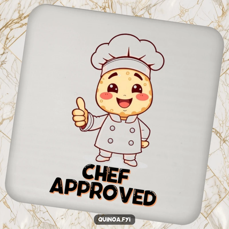 Funny quinoa chef coasters showing a smiling chef made of quinoa giving a thumbs up.