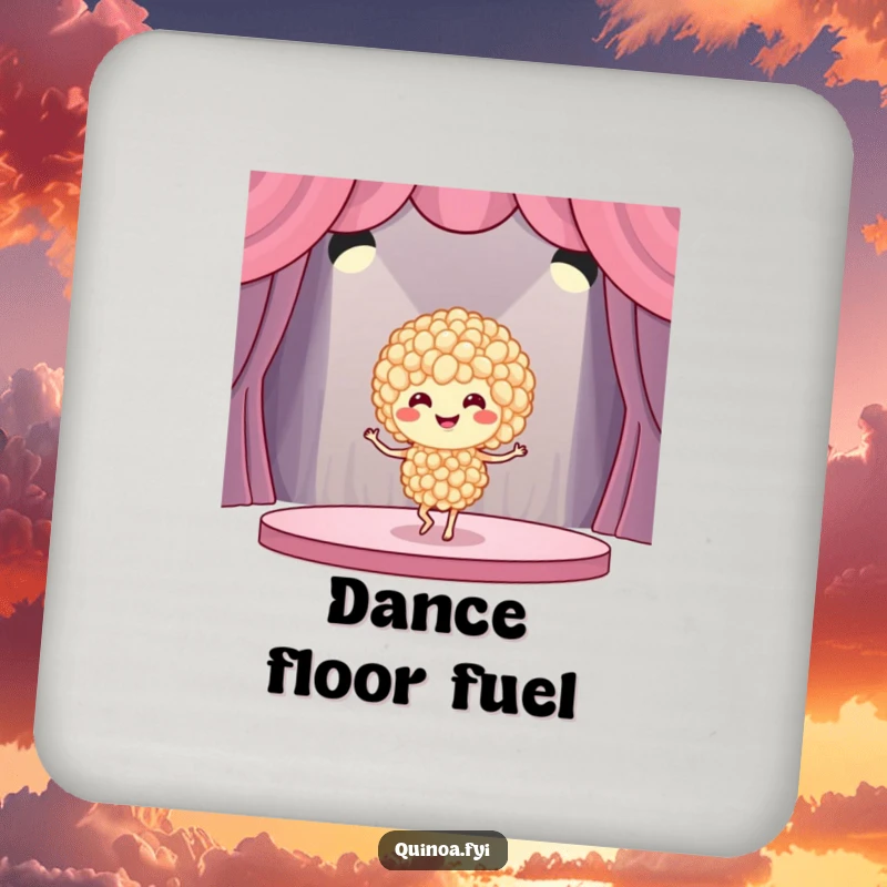 Funny quinoa dancer drink coaster showcasing a smiling quinoa grain cluster mid-dance, adding a humorous touch to drink protection.