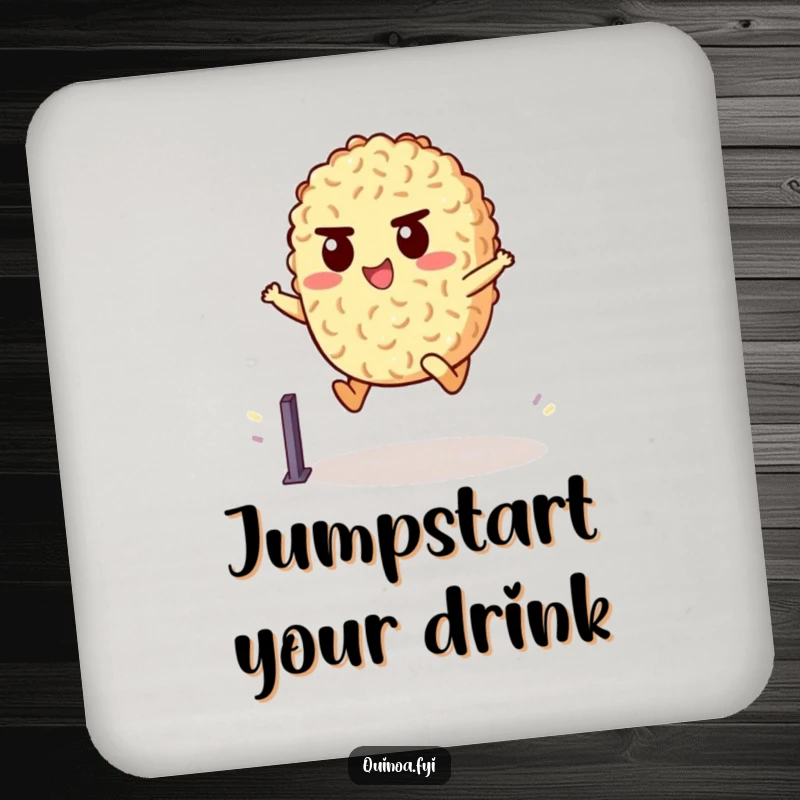 Funny Drink Coaster with a determined quinoa character leaping over a hurdle, adding humorous and motivational flair to any table setting.