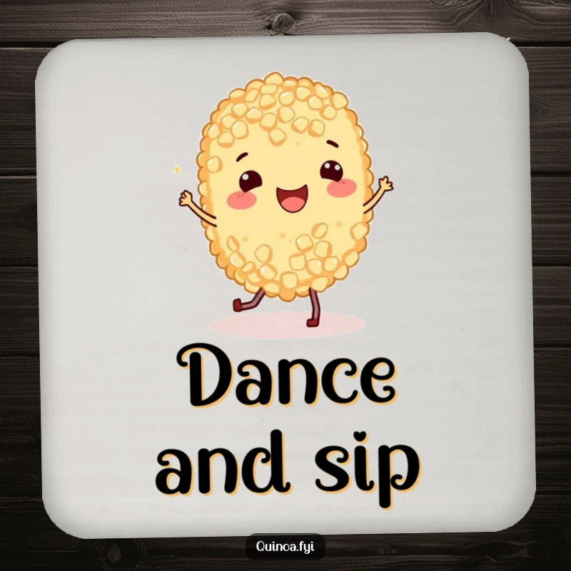 Funny Drink Coaster with a happy quinoa grain doing a jig, protecting surfaces with a humorous and cheerful food design.