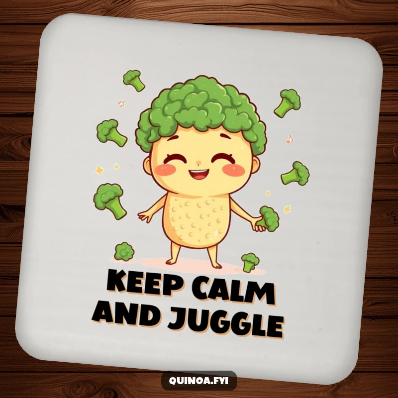 Funny Quinoa Juggling Coasters: A curious quinoa character with a grin juggles tiny broccoli florets, protecting surfaces humorously.