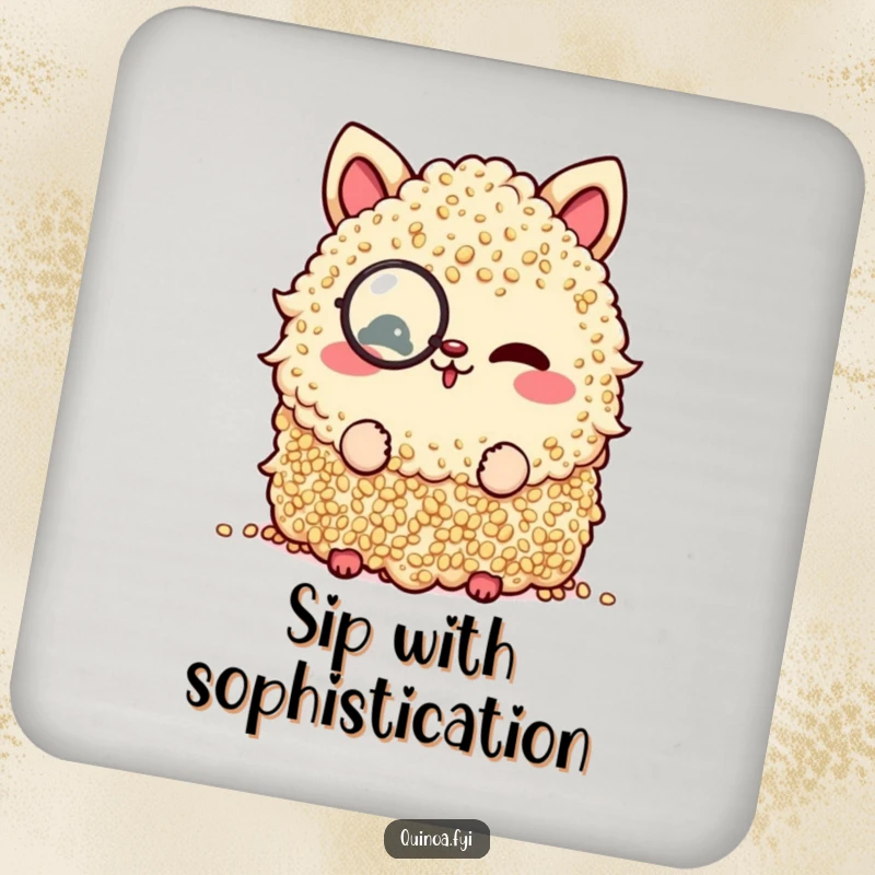 Funny drink coaster featuring a quinoa pile in a monocle, delivering a playful and sophisticated wink.