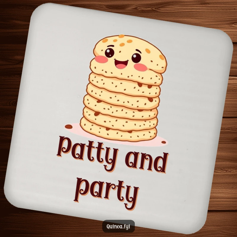 Funny Quinoa Patties Coaster featuring delightedly wiggling patties, protecting surfaces with a dose of food-themed humor.