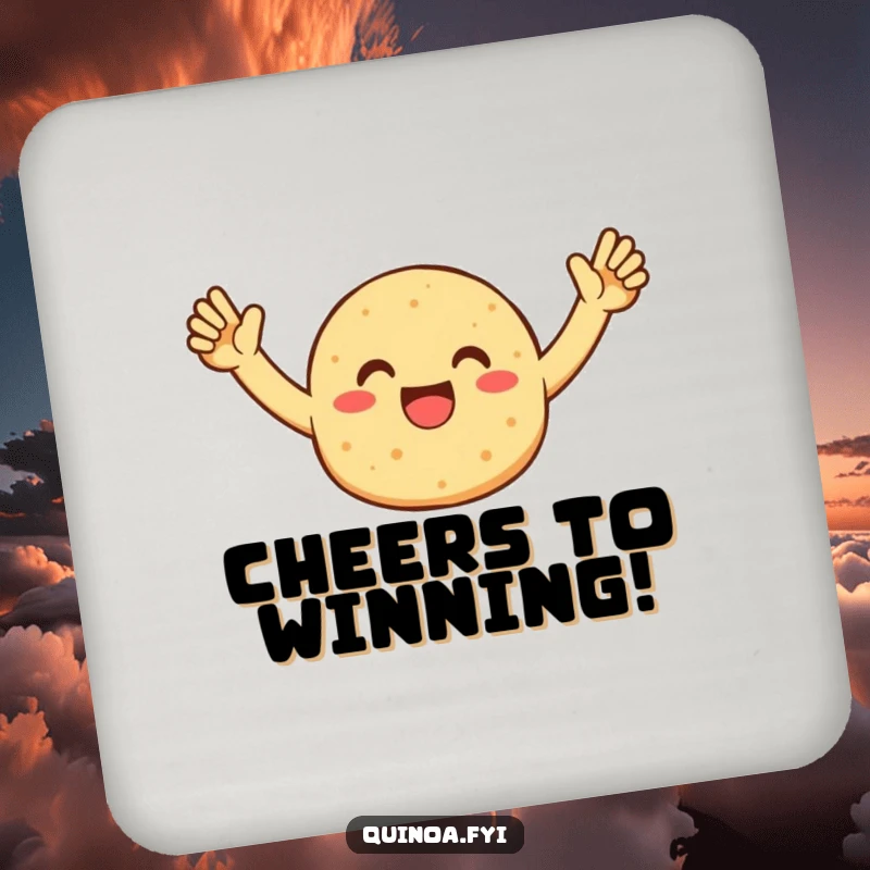 Funny drink coaster featuring a celebratory quinoa patty character, protecting surfaces with a humorous and joyful design.