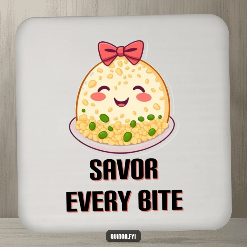 Funny Quinoa Plate Coasters set, showing a beaming, grinning plate of food bowing elegantly, cute funny gift.