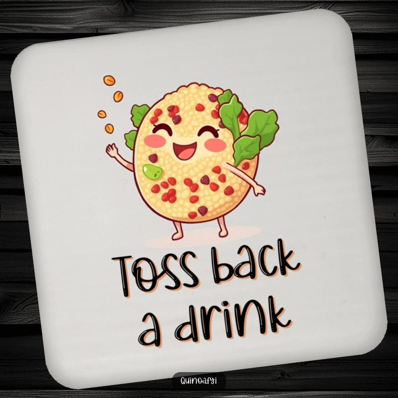 Funny smiling, anthropomorphic quinoa salad tossing a tiny grain coasters, adding a playful and protective element to your drink service.