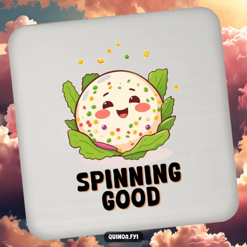 Funny quinoa salad coasters showing a happy salad with a cheerful expression, playfully spinning.