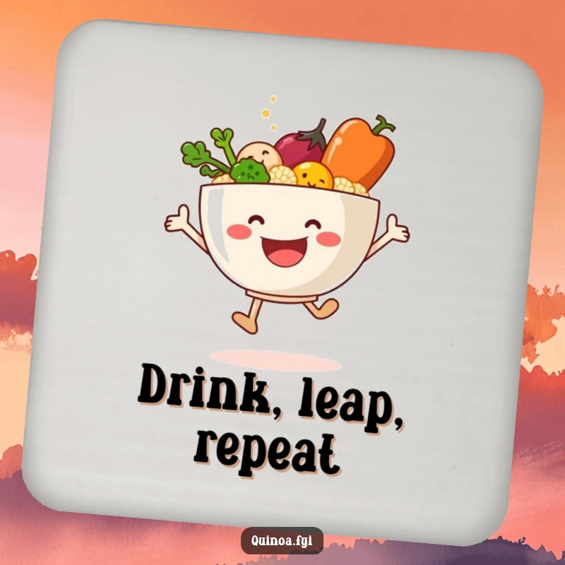 Funny drink coaster featuring a smiling quinoa bowl and vegetables in a dynamic, joyful leaping pose.