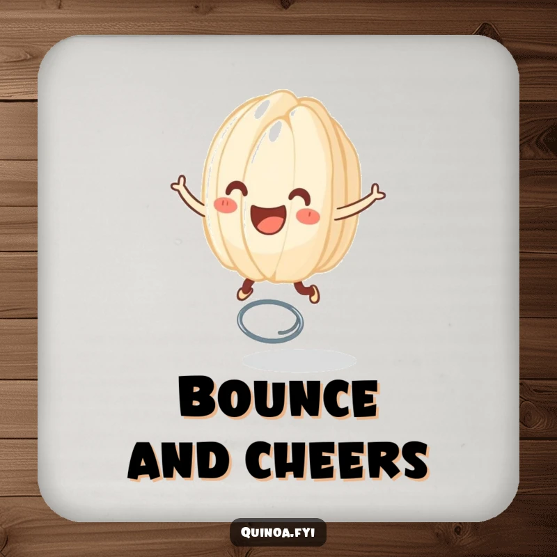 Funny drink coaster featuring a happy anthropomorphic grain of rice joyfully bouncing on a spring, adding a touch of playful humor to tabletops.