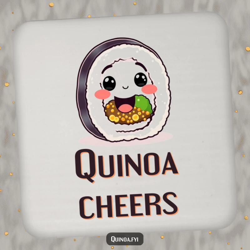 Funny Sushi Quinoa Roll Coaster with a happy character, quinoa filling, and a big smile, a humorous tabletop gift.