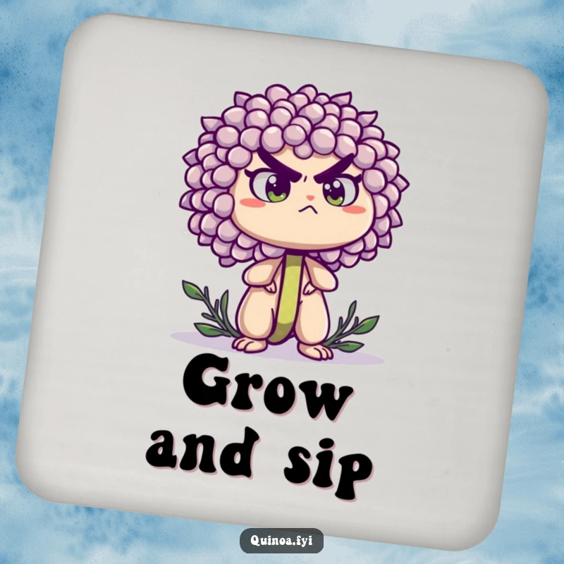 Funny drink coaster depicting a determined quinoa sprout standing tall with a resolute expression, protecting surfaces with inspiring humor.