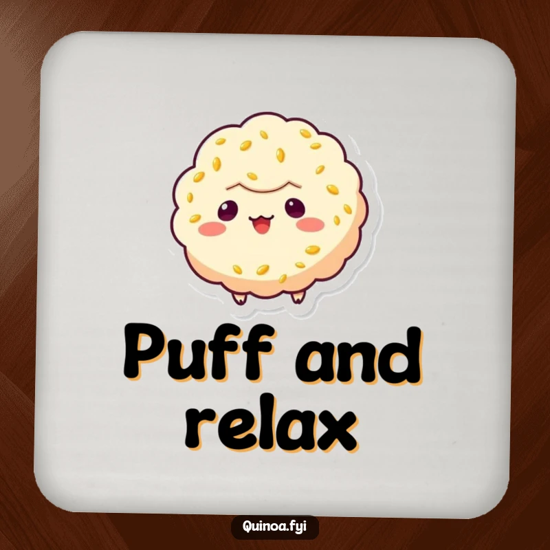 Funny quinoa puff character drink coaster, depicted floating with a mischievous grin, adding humor and protection to surfaces.
