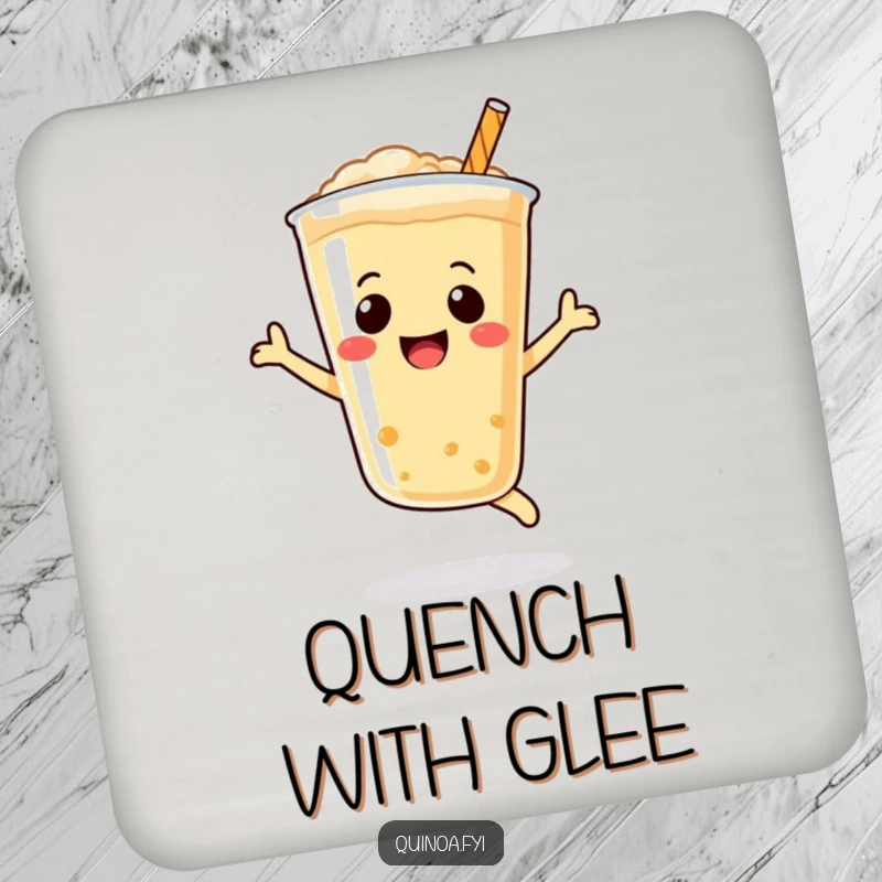 Funny Quinoa Drink Coasters set, featuring a bubbly smiley face character in a joyful leap, cute funny gift.