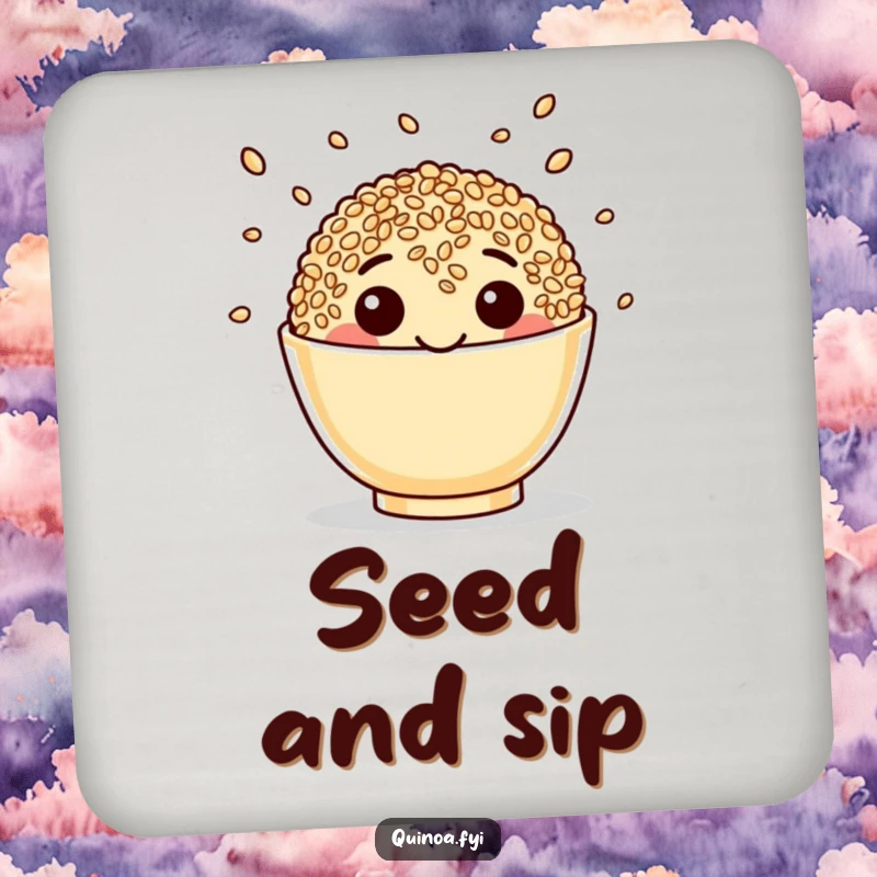 Funny Quinoa Coaster featuring a happy face juggling seeds, protecting surfaces with a dose of healthy humor.