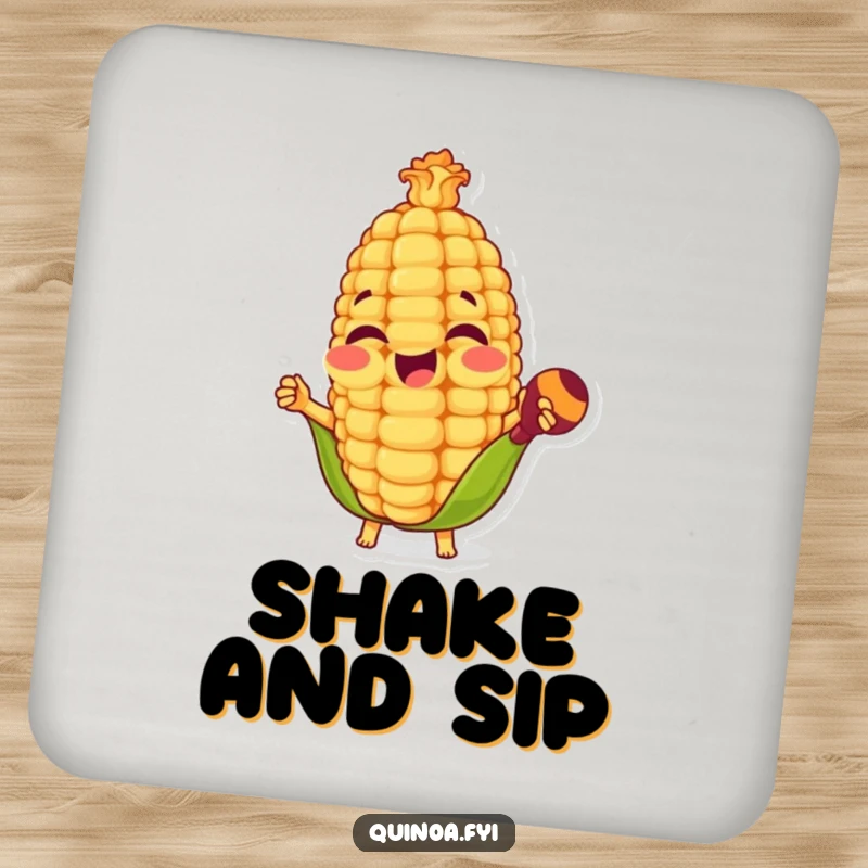 Funny drink coaster featuring a happy anthropomorphic corn kernel playing maracas, adding a festive touch and humor to tabletops.