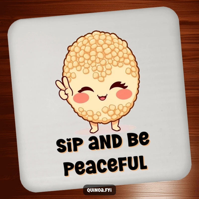 Funny drink coaster with a winking quinoa grain giving a peace sign, a healthy and humorous accessory.