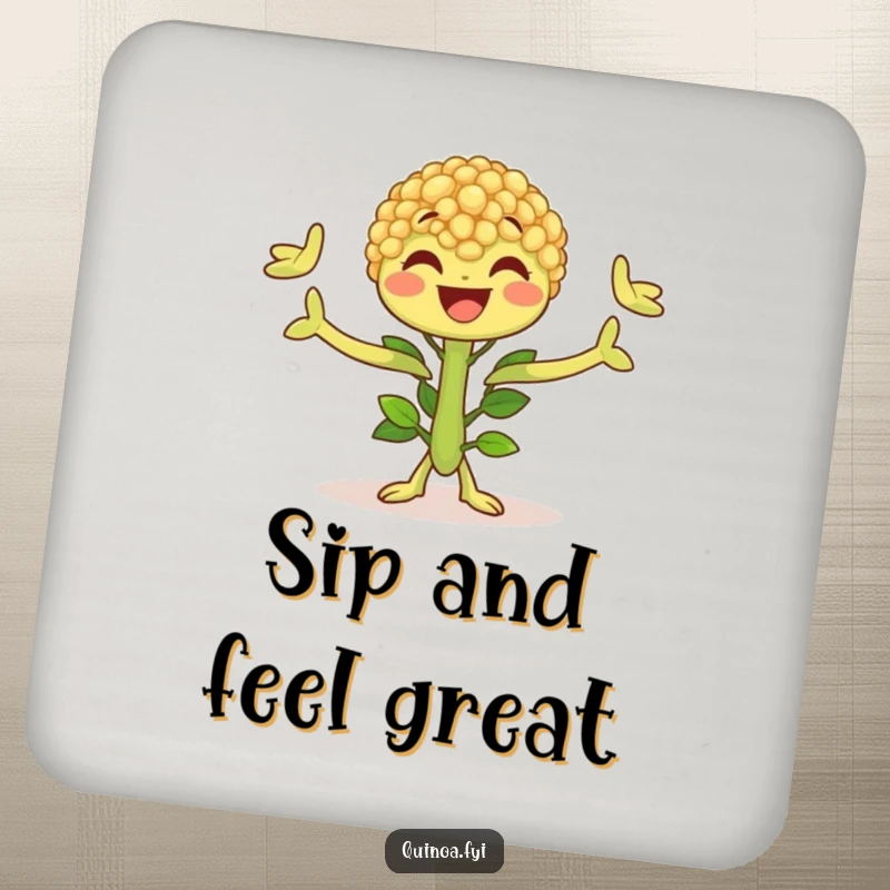 Funny Quinoa Plant Coaster featuring a joyful character, adding a cheerful and protective touch to any drink surface.