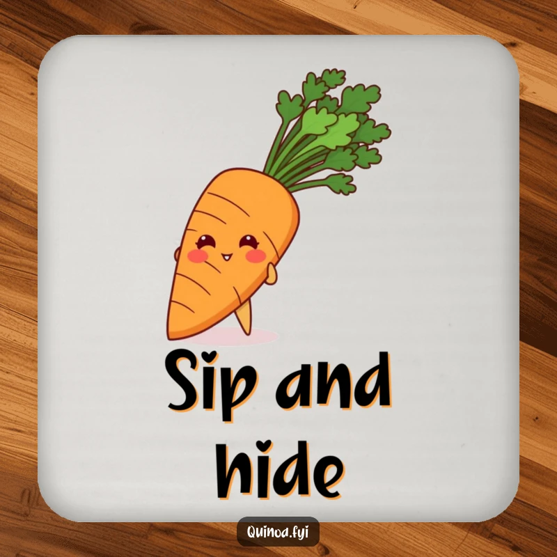 Funny drink coaster featuring a giggling quinoa grain peeking playfully from behind a giant carrot.