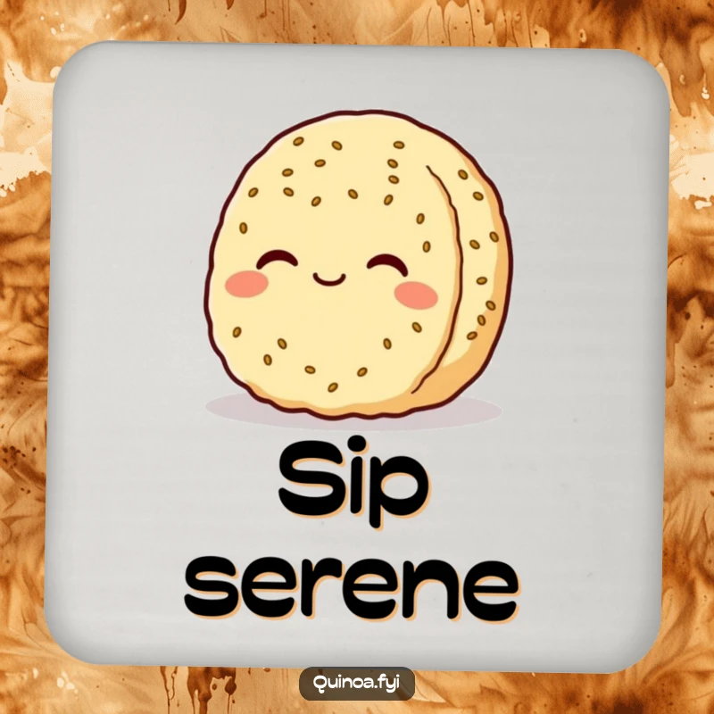 Funny quinoa patty character drink coaster, depicted smiling serenely, adding humor and protection to surfaces with a peaceful aura.