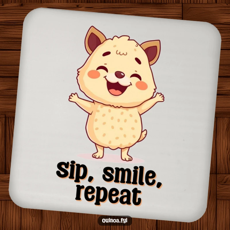 Funny Quinoa Coaster with a grinning anthropomorphic quinoa blend performing a happy dance, protecting surfaces with culinary cheer and style.