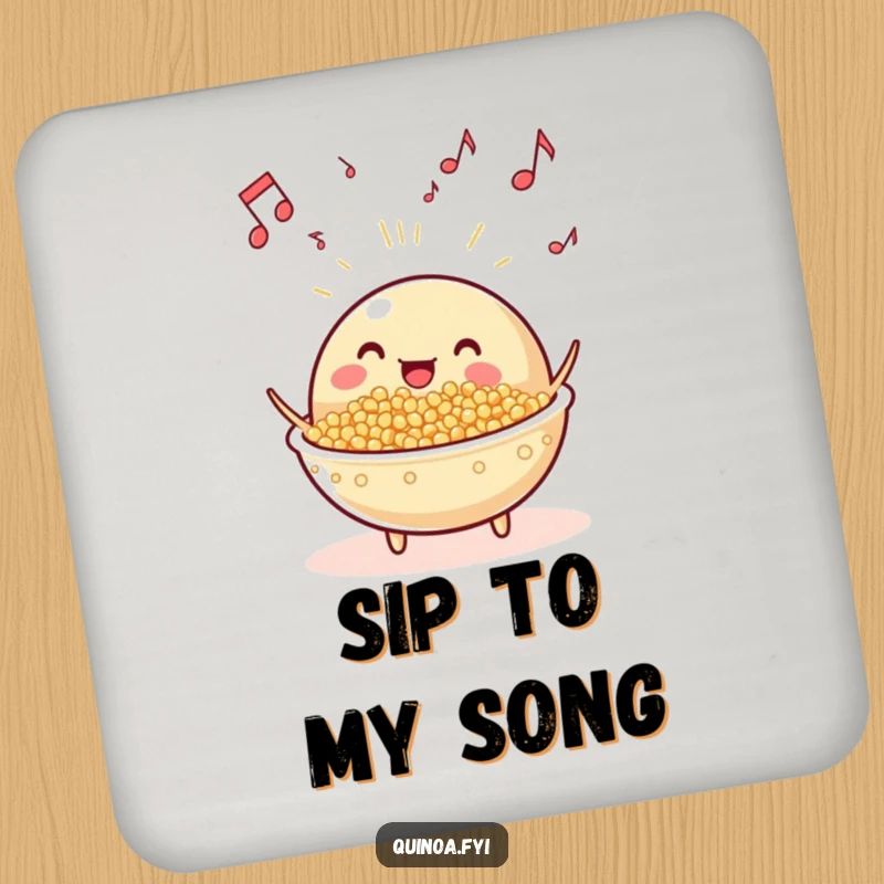 Funny beaming, anthropomorphic quinoa dish with musical notes floating coasters, adding a musical and protective element to your drink service.