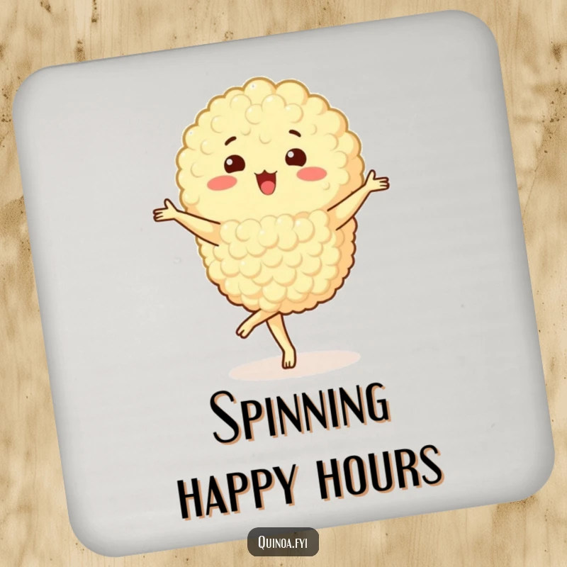 Funny Quinoa Cluster Coaster featuring a happy character performing a pirouette, adding a touch of elegant and protective flair.