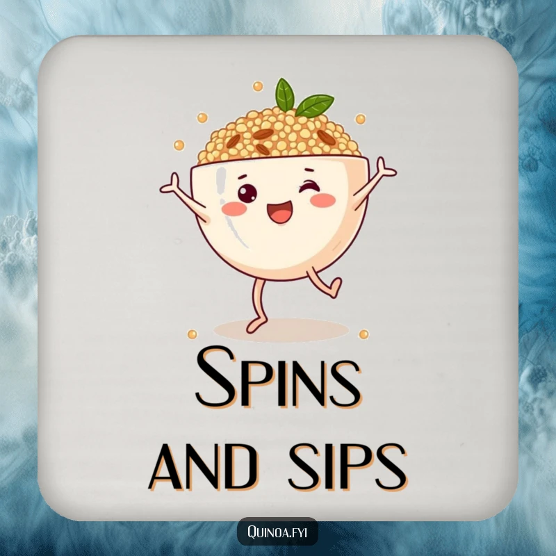 Funny drink coaster featuring a cheerful anthropomorphic quinoa bowl with legs performing cartwheels, adding a touch of healthy humor to any table.