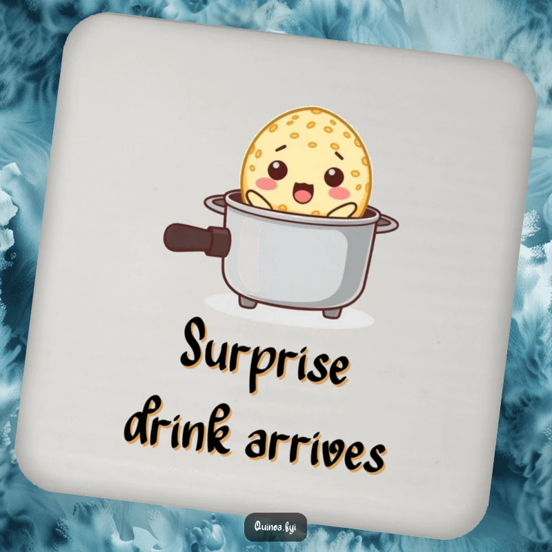 Funny drink coaster with a surprised quinoa grain popping out of a tiny cooking pot, a humorous accessory.