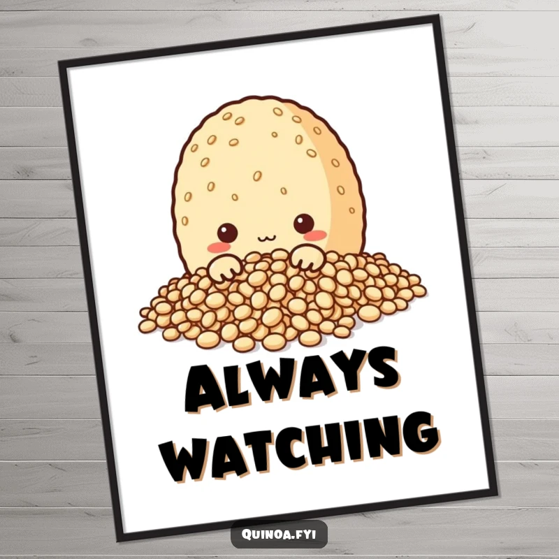 Funny poster print of a curious quinoa grain character peeking from a pile of grains, adding a touch of playful mystery to wall decor.
